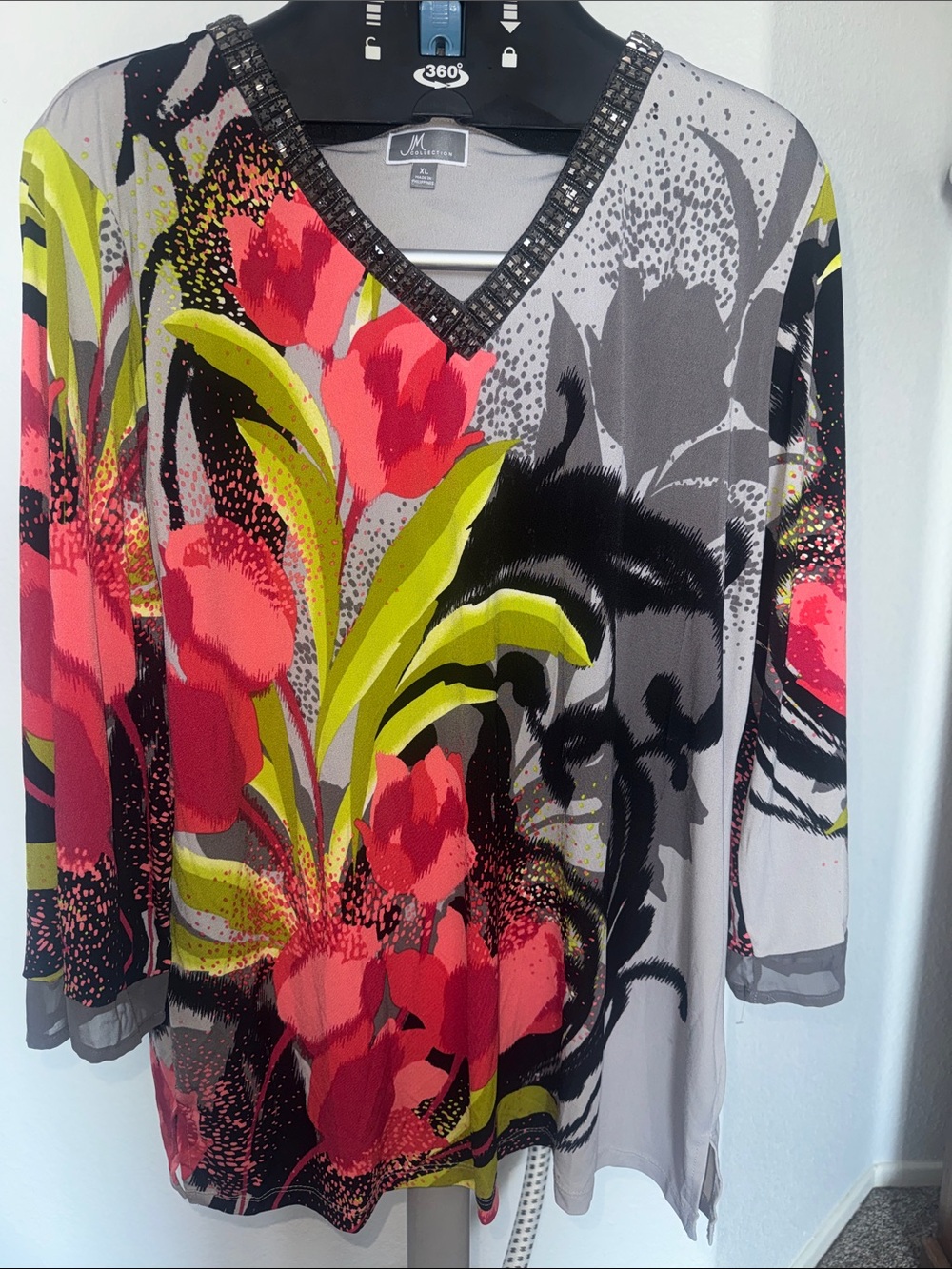 JM Collection V-Neck Floral Tunic in Coral, Lime & Gray with Black Accents